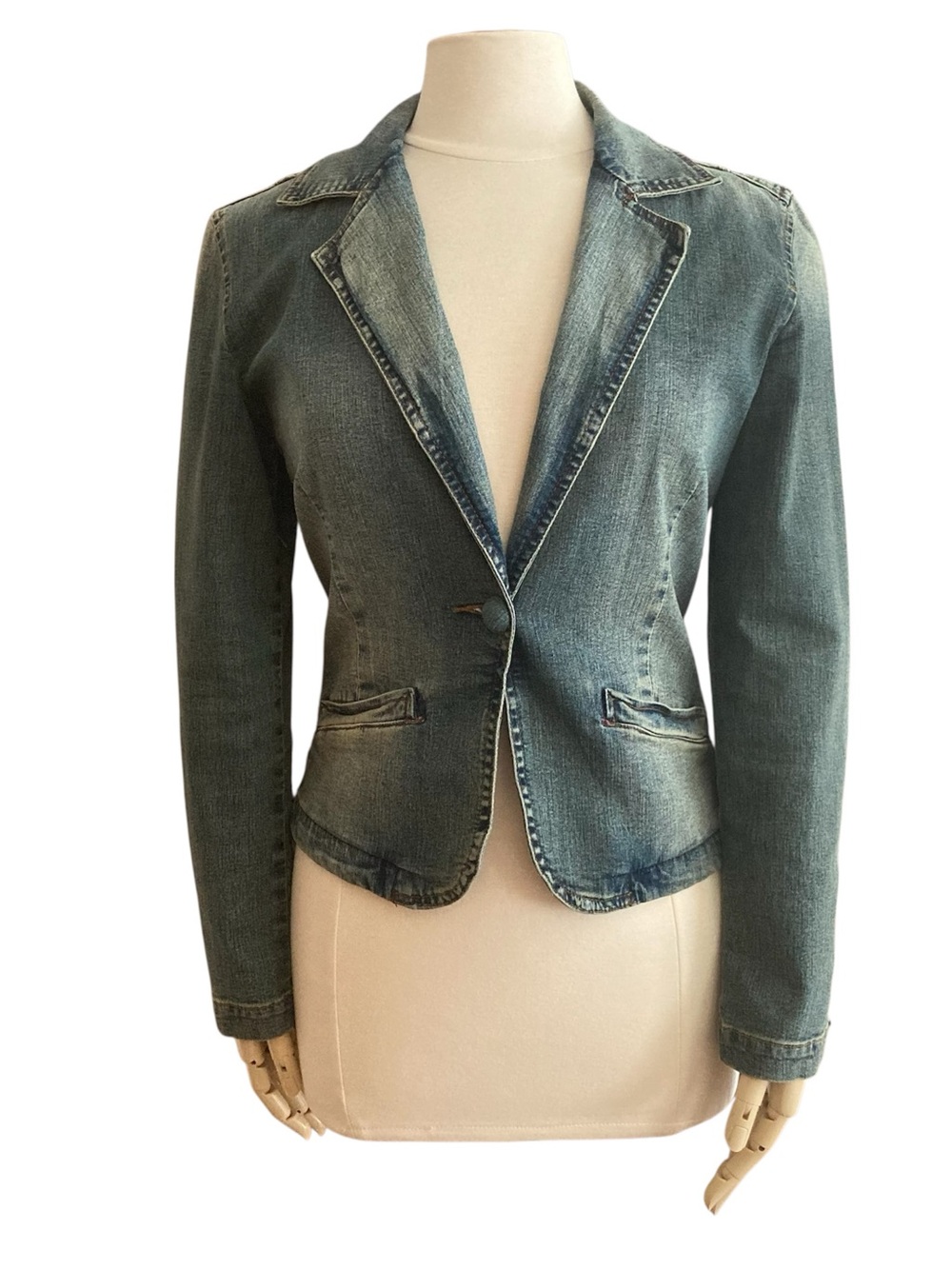 DEX | Faded Blue Denim Blazer Jacket | Fitted Stretch Jean Jacket S